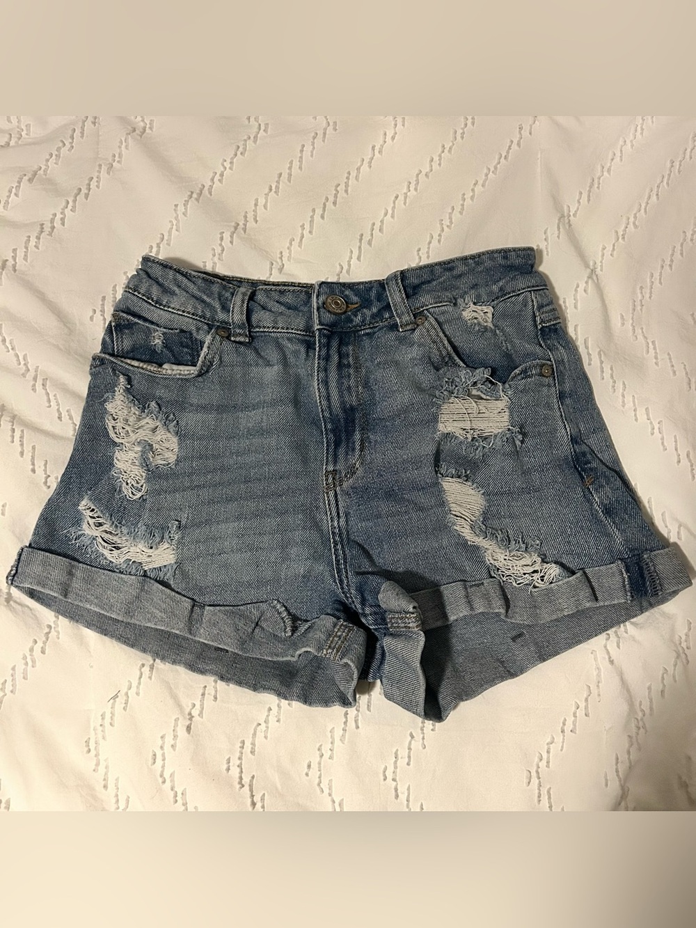 Rewash Women’s Denim Jean Shorts Blue High Rise Cuffed Distressed 3/26 Stretch
